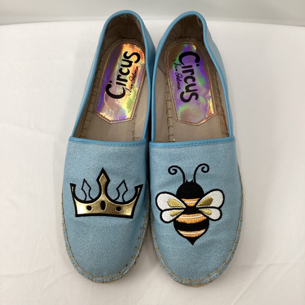 Sam Edelman Circus Light Blue Espadrille Flats with Bee & Gold Crown